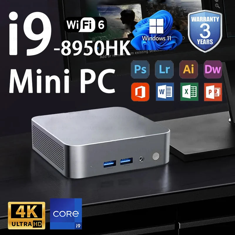 2026 Mini PC Intel Core i9 8950HK Windows 11 UHD Graphics 16GB LPDDR4 1TB 2TB M.2 SSD WiFi 6 BT5.2 Desktop PC Office Computer