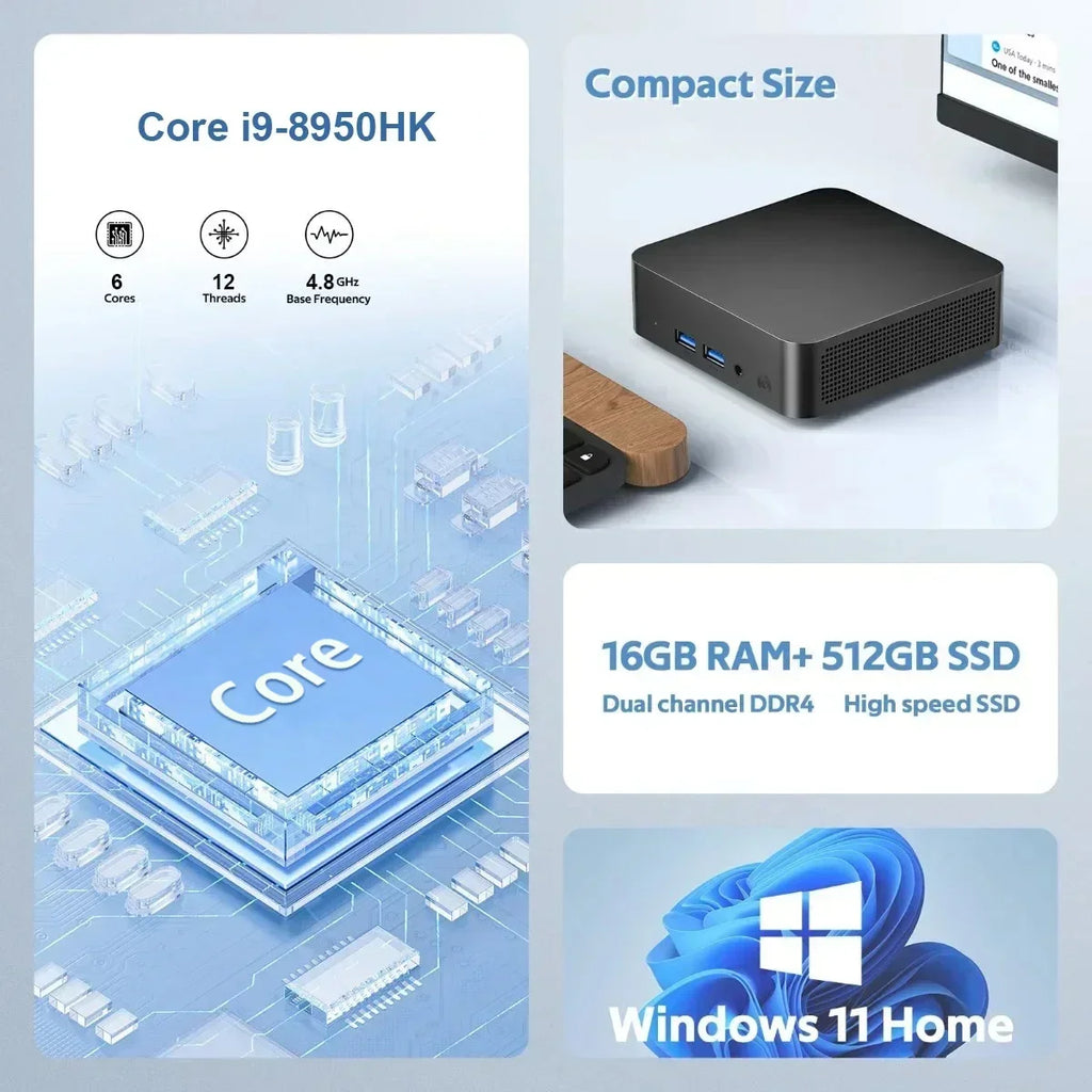 2026 Mini PC Intel Core i9 8950HK Windows 11 UHD Graphics 16GB LPDDR4 1TB 2TB M.2 SSD WiFi 6 BT5.2 Desktop PC Office Computer